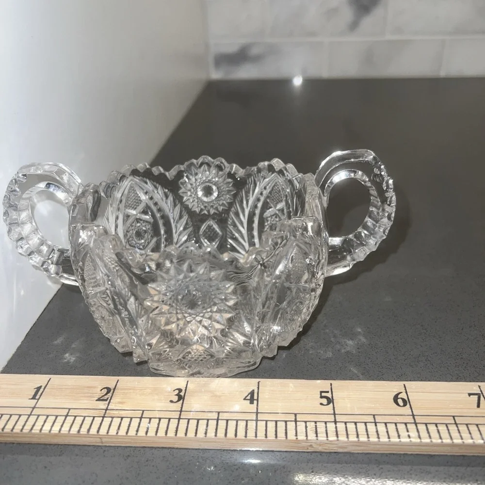Vtg American Brilliant Period Cut Glass Sugar Bowl Double Handle Sawtooth